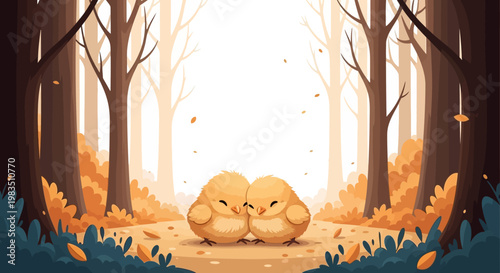 Two cute birds sitting in autumn forest.
