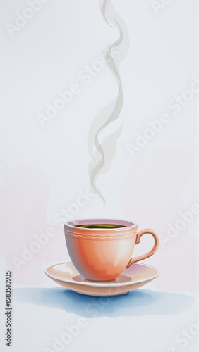 Watercolor image of a cup of tea or coffee on a light background.