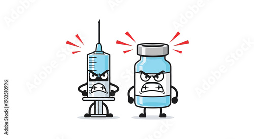 An angry syringe and vaccine vial cartoon characters facing off