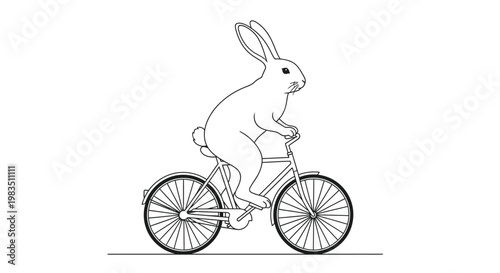 A whimsical illustration of a rabbit riding a bicycle in profile