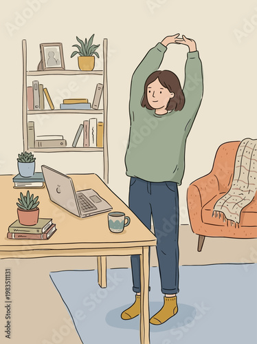 Woman stretching in living room with laptop on desk and bookshelf nearby taking a break from work or study. naive naive style wfh work from home hand draw