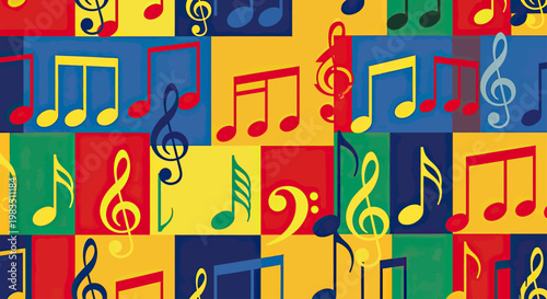 Vibrant mosaic of musical notes in bold primary colors
