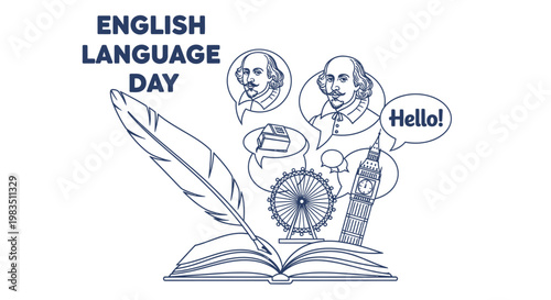 English language day illustration featuring shakespeare london and writing tools
