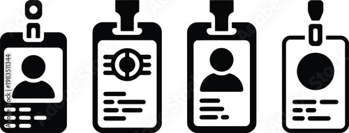 Four black and white id card icons with different face representations