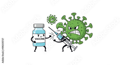 Vaccine confronts a menacing coronavirus cell with a syringe weapon