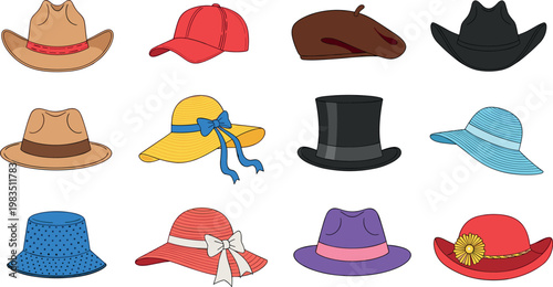 Colorful hat collection with cowboy cap beret fedora sunhat and top hat fashion accessories vector illustration set