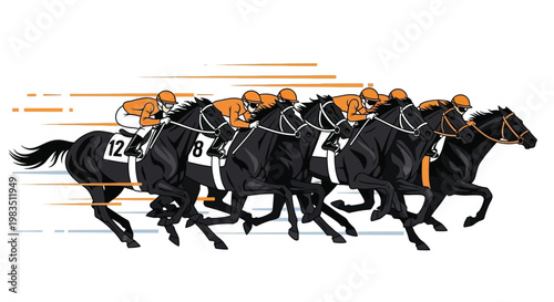 A dynamic illustration of racehorses and jockeys competing in a fast race