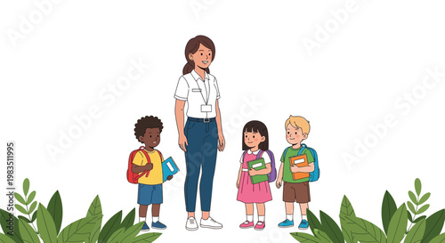 A teacher stands with four young students all carrying school supplies