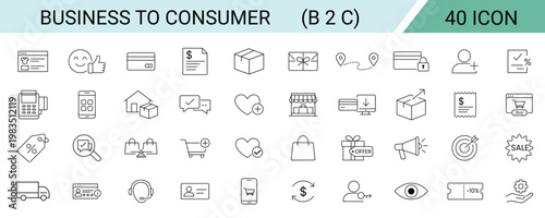 Business to consumer b2c line icons set, vector illustration of ecommerce, online shopping, payment, delivery, and customer service symbols