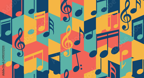 Colorful geometric pattern of musical notes and clefs on a muted background