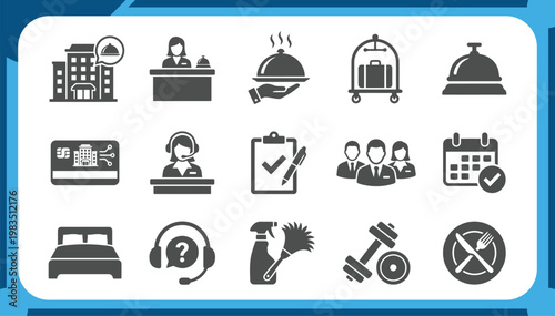 Large Collection of Professional Hotel Hospitality Icons Featuring Reception Desk, Room Service, Luggage Cart, Accommodation Amenities and Travel Service Graphic Elements Vector Set