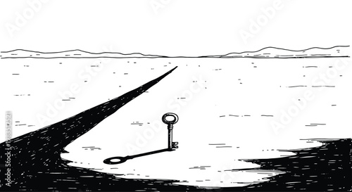 A stark black and white illustration depicts a key resting on a shadowy form near the sea
