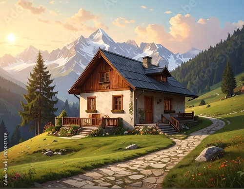 A serene house on a hill with a stone path and mountain range
