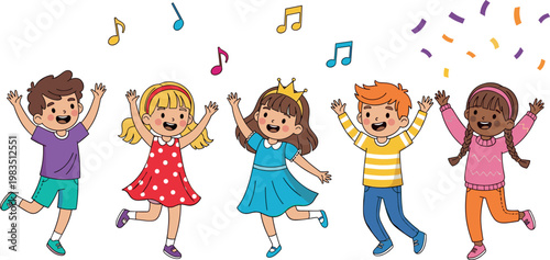 Happy children dancing and jumping with music notes confetti diverse kids celebrating joyful moment playful cartoon vector illustration