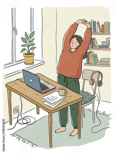 A woman stretches at home while working remotely on her laptop enjoying a break from office work in a cozy indoor setting with books and plants. naive naive style wfh work from home hand draw