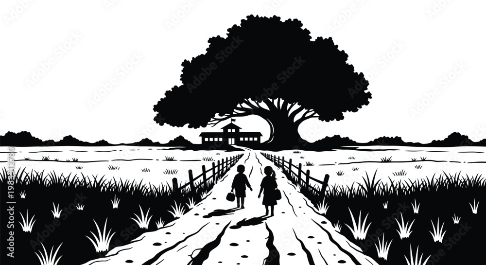 Fototapeta premium Two children walk down a country lane toward a distant house beneath a large tree