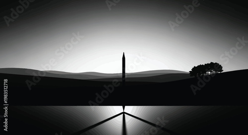 A stark black and white landscape featuring a tall obelisk reflected in calm water