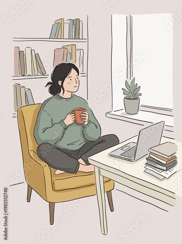 Cozy Remote Work Illustration Featuring a Woman Relaxing at Home, Rendered in a Naive, Hand-drawn Design Style for a Serene Lifestyle Scene