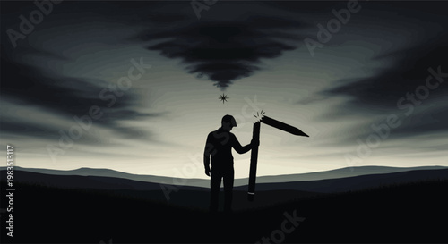 A solitary figure stands with a pointing stick under a dramatic swirling cloud formation