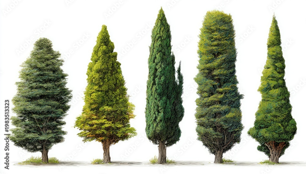 Fototapeta premium Rendered trees of various shapes and shades against a plain white background