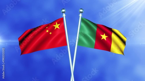 China and Cameroon Flag Waving On Pole Loop