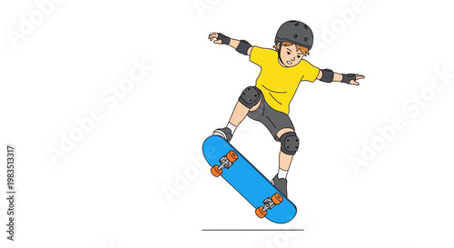 A fun cartoon vector illustration of a girl with a snowboard, roller skates, and a skateboard shows a young athlete in action as she jumps like a person who loves sports