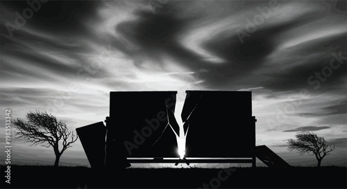 A stark black and white image depicts a fractured collapsing structure against a dramatic sky