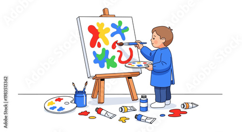 A smiling school boy enjoys a fun drawing education by painting a colorful picture on a canvas easel in his preschool classroom illustration