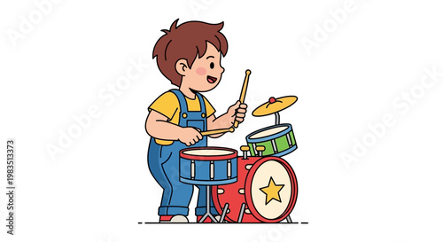 Cartoon illustration of a school kid character drawing and playing with a toy drum and guitar for an education book clipart