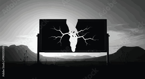 A stark black and white image depicts a fractured screen revealing a bright central shape