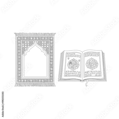 Islamic prayer rug and holy quran line art