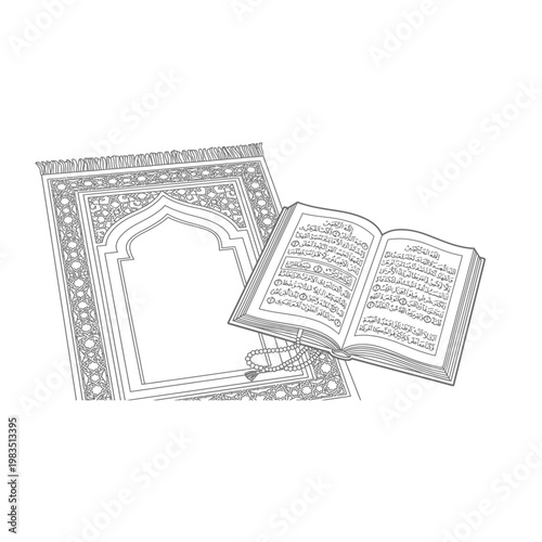 Open holy quran and islamic prayer mat line drawing