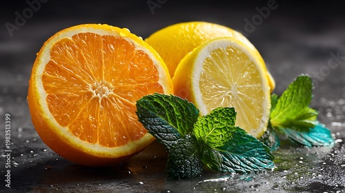 Vibrant close-up of sliced citrus fruits (orange, lemon) with fresh mint on dark textured surface