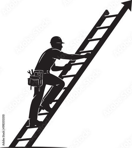 Construction worker climbing ladder silhouette, professional contractor with tool belt on arrow ladder, career growth and labor concept vector