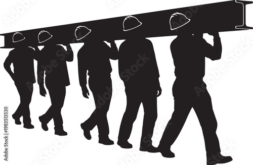 Industrial construction workers silhouette carrying steel beam, team of builders in hard hats, heavy labor and teamwork concept vector