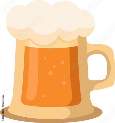 A flat vector illustration of a full glass beer mug with a large, fluffy head of foam. A classic symbol of refreshment, pub culture, and cold alcoholic beverages.