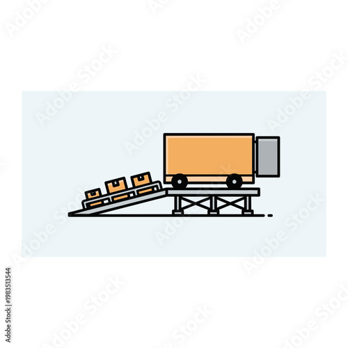 Delivery truck unloading cardboard boxes with a ramp at a logistics warehouse