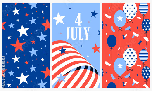 4th of July Independence Day Vertical Banner Set Vector with Stars Balloons and Stripes in Red White Blue for Patriotic Holiday Celebration Design Social media Kit Story Set 