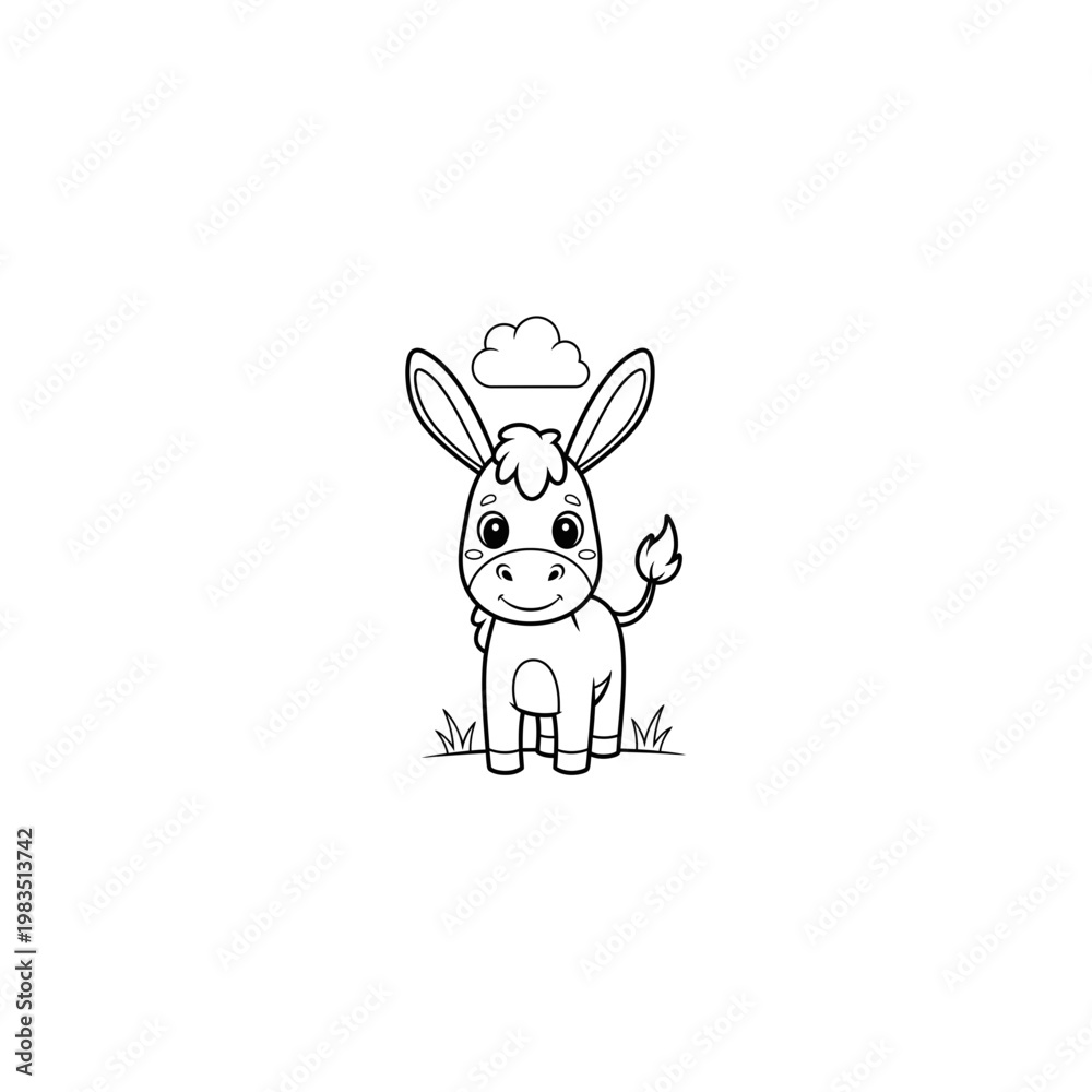 Fototapeta premium Front view of cute cartoon donkey outline with cloud icon for coloring