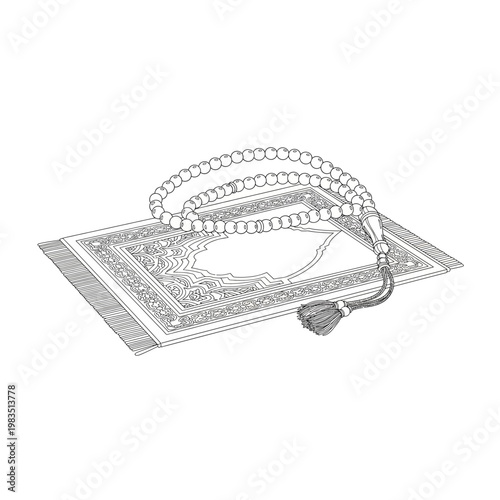 Ornate islamic prayer mat folded traditional religious textile outline