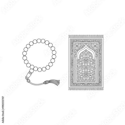 Islamic prayer beads tasbih and ornate prayer mat religious items outline