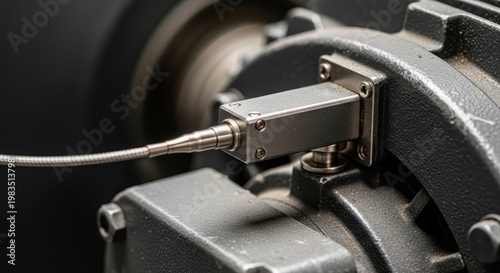 Close-up of metal sensor attached to industrial machine with flexible cable