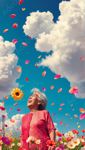 Happy elderly married couple laughing merrily on the background of bright summer flowers and clouds