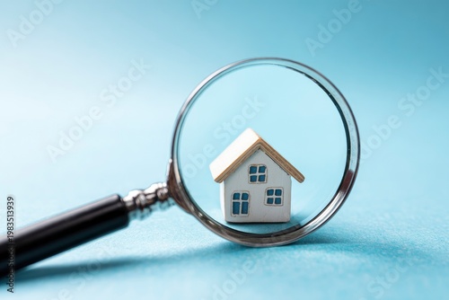 Miniature house viewed through a magnifying glass, conceptual image representing real estate search and property inspection.