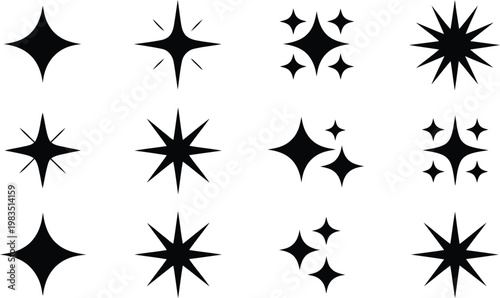 Collection of black sparkle star icons and glitter effects for design