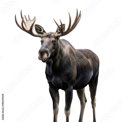 Moose Standing Isolated on White Background with Large Antlers