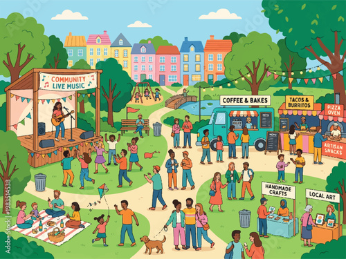 Community live music festival in a park with people walking around and enjoying food and drinks from various vendors  outdoor event with live music and food trucks