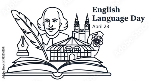 English language day illustration featuring shakespeare books and architectural landmarks