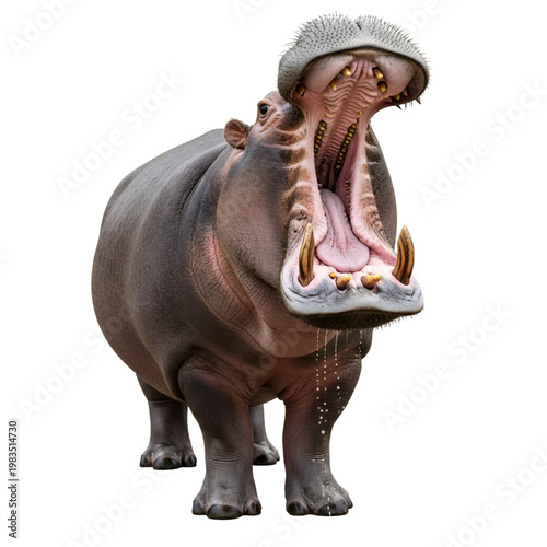 Hippopotamus Wearing Beret Yawning Wide Open on White Background