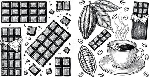 Chocolate and coffee sketch vector collection featuring cocoa beans chocolate bars and hot coffee cup in detailed vintage hand drawn style